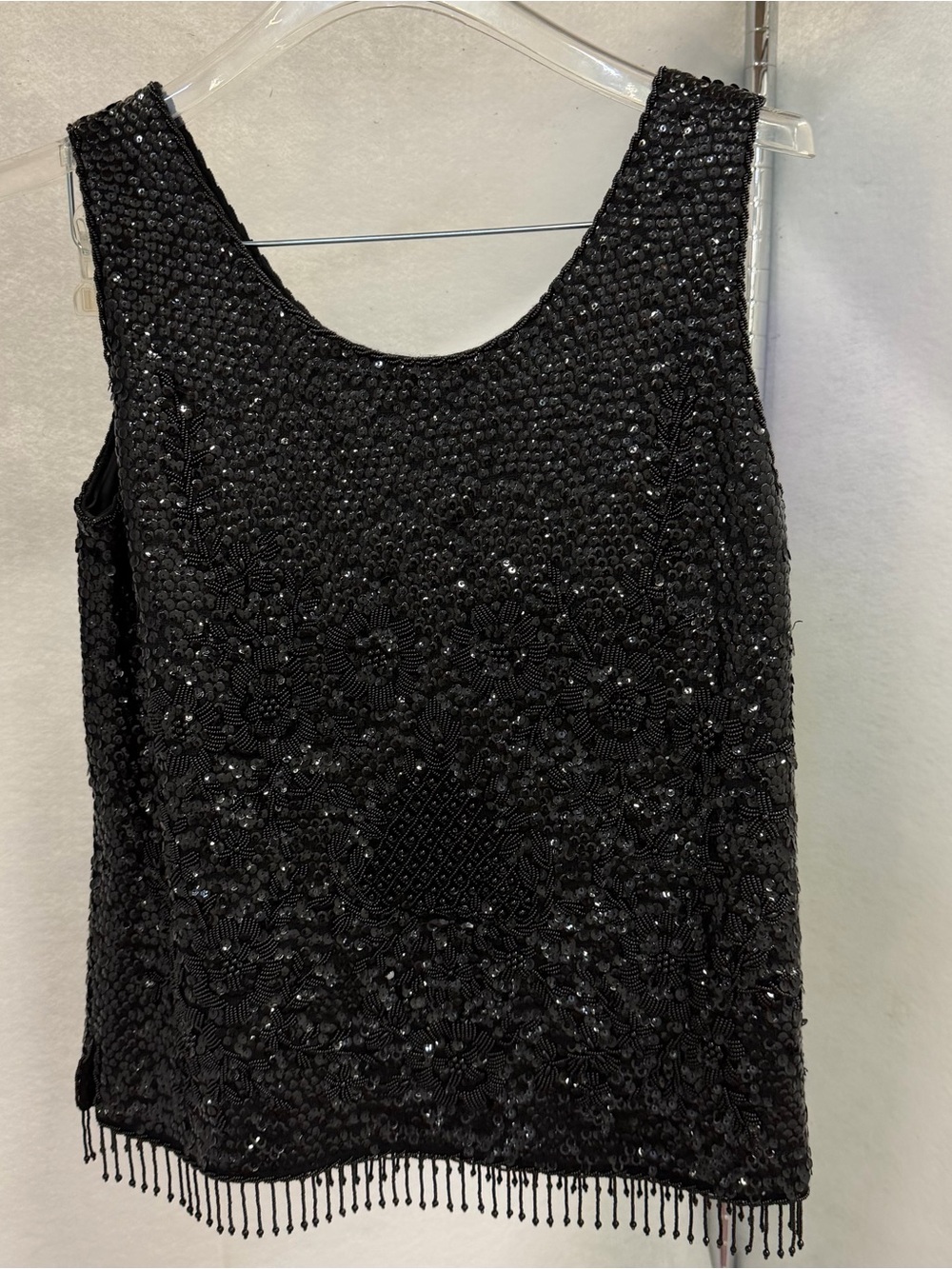 VTG Regalia Black Floral Beaded Sleeveless Top Medium Sequin 100% Wool Fringe